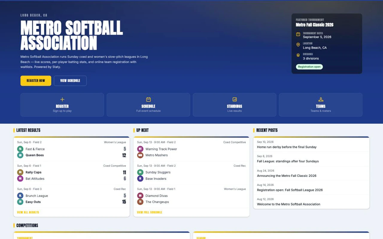 Metro Softball Association homepage: navy full-width hero with gold branding, featured-tournament card, live results and posts