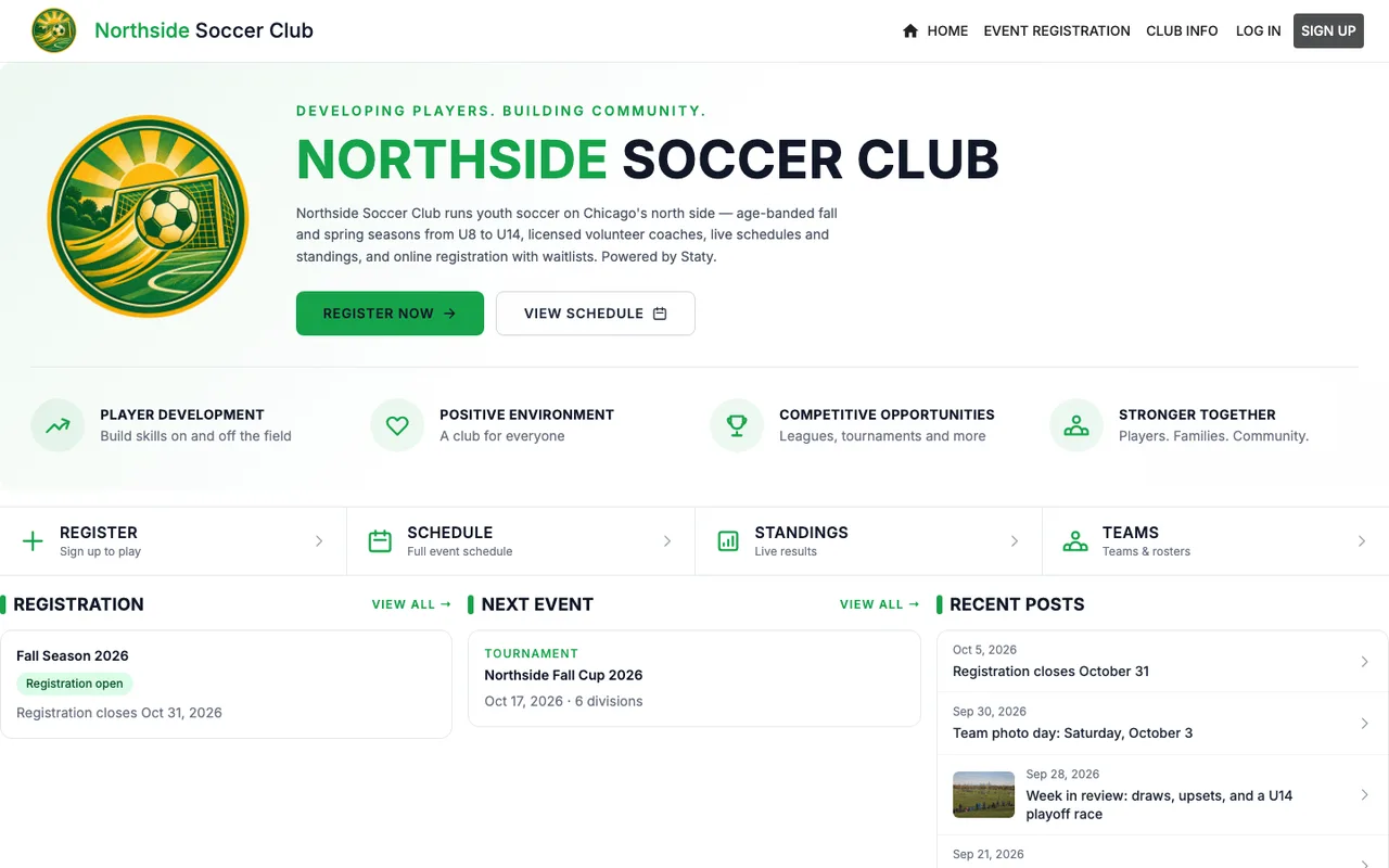 Northside Soccer Club homepage: clean white layout with club logo, green branding, registration and next-event cards
