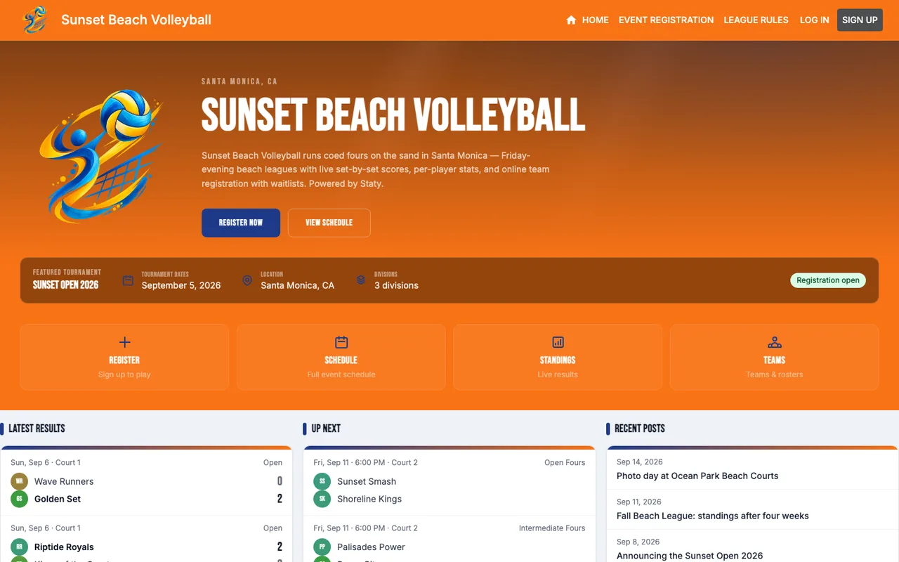 Sunset Beach Volleyball homepage: dark crimson premier layout with its own logo and typography