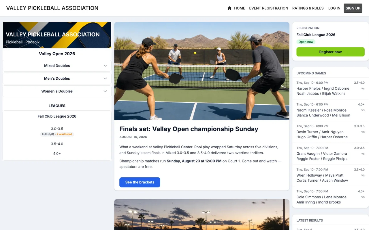 Valley Pickleball Association homepage: banner, posts feed, upcoming games and registration sidebar